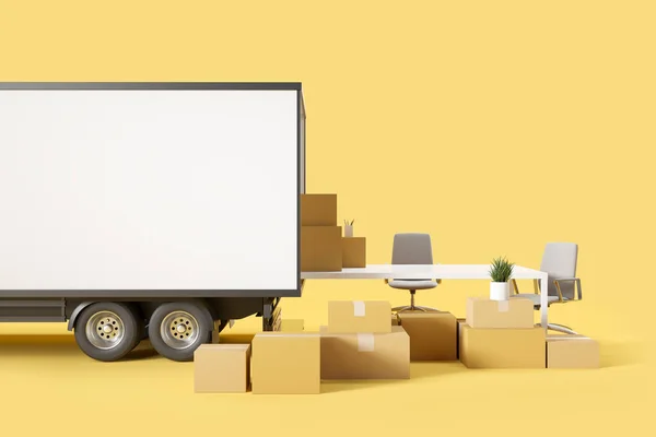 送货车和办公室家具 扶手椅 书桌黄色背景 搬迁和公司搬迁的概念 模拟太空卡车 3D渲染 — 图库照片