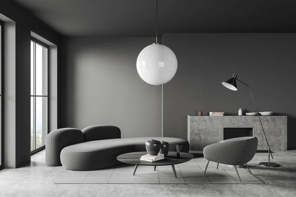 Dunkles Relax Interieur Mit Sofa Und Sessel Couchtisch Auf Teppich — Stockfoto