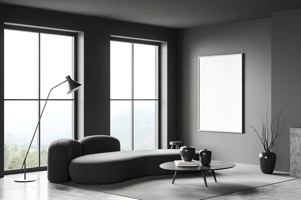 Dunkles Wohnzimmer Mit Sofa Seitenblick Couchtisch Mit Dekoration Auf Teppich — Stockfoto