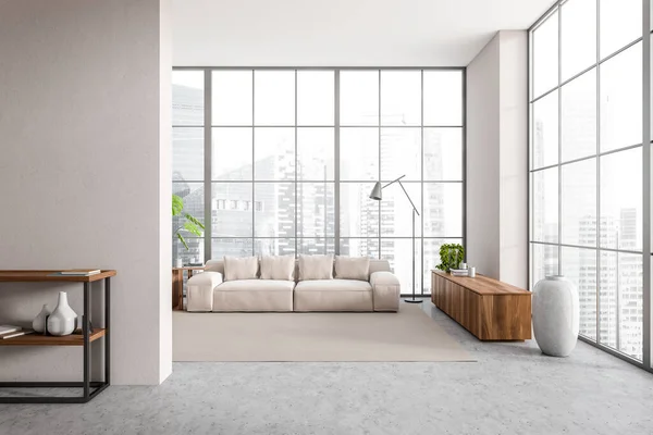 ソファとパノラマウィンドウ 観葉植物 灰色の壁 コンクリート床 カーペット サイドボードと明るいリビングルームのインテリアのフロントビュー ミニマルデザインのコンセプト 3Dレンダリング — ストック写真