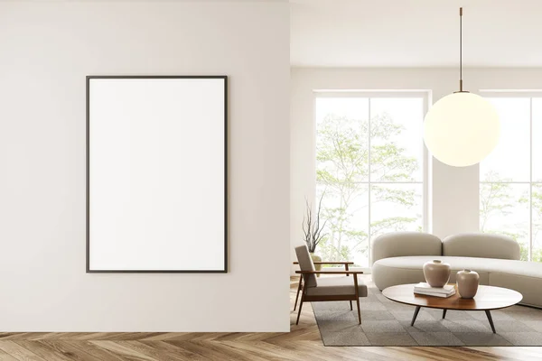 有沙发和扶手椅的白色客厅内部 有地毯装饰的咖啡桌 硬木地板 热带地区的全景窗口 模仿帆布海报 3D渲染 — 图库照片