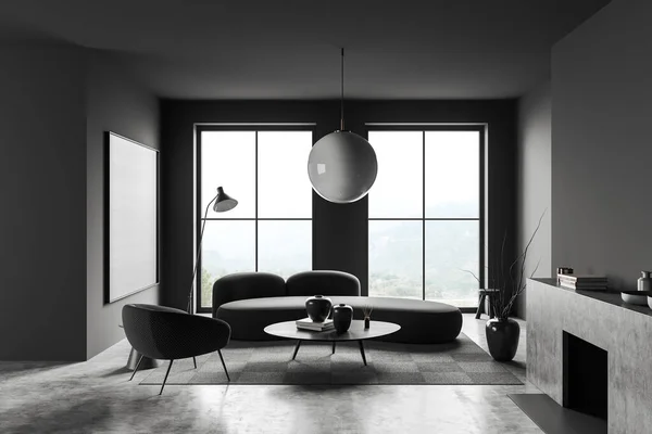 Dark Living Room Interior Sofa Armchair Coffee Table Fireplace Grey — Stock Photo, Image