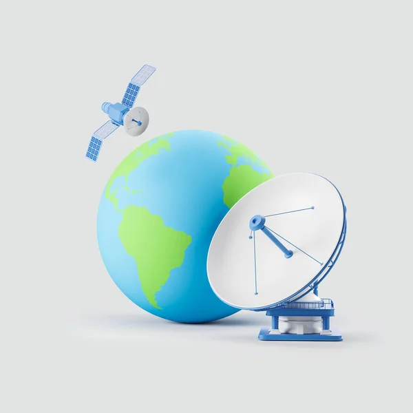 Flying Satellite Antenna Earth Globe Light Background Concept Technology Internet — Stock Photo, Image