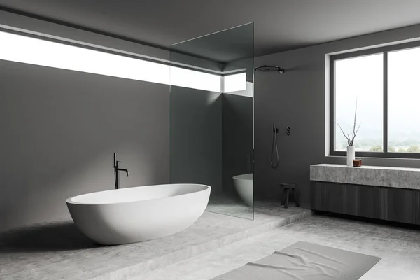 Dark Bathroom Interior Bathtub Shower Podium Side View Glass Partition — Stock Photo, Image