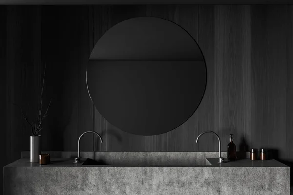 黑暗的现代浴室内部与双水池和圆形的镜子 花瓶与干花和肥皂瓶子在混凝土甲板上 酒店洗浴配件 3D渲染 — 图库照片