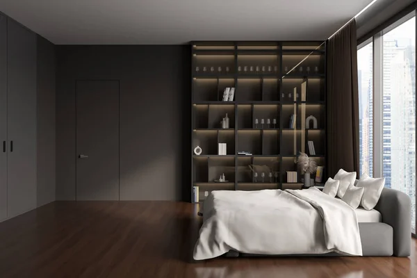 Dormitorio Oscuro Cama Interior Estante Con Decoración Arte Vista Lateral — Foto de Stock