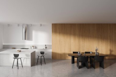 Beyaz ev mutfağı, bar adası, yemek pişirme alanı ve tabureli bar adası. Sandalyeli yemek masası, modern yemek alanı tasarımı. Boş ahşap duvar. 3B görüntüleme