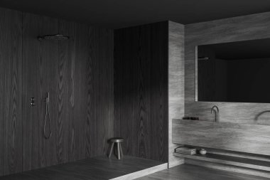 Karanlık banyo içi beton lavabo ve podyumda duş, yan görüş siyah ahşap duvar. Minimalist aksesuarları ve taburesi olan modern banyo köşesi. 3B görüntüleme