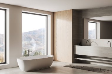 Minimalist ev banyosu, çift lavabo ve küvet, kırsal alanda panoramik pencere. Modern mobilyalarla banyo köşesi. 3B görüntüleme