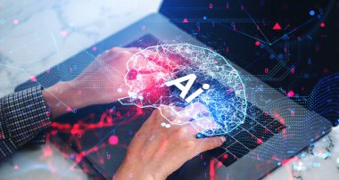 Kadın parmakları dizüstü bilgisayarda mesaj atıyor, yapay zeka beyinli çift pozlama dijital hologram, çizgiler ve ikili sistem. Sanal asistan, yapay zeka ve bilgi süreci kavramı
