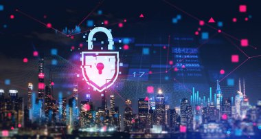 Geceleri New York şehir manzarası, online veritabanı ve analizlerle parlayan kilit. Çift pozlama dijital sanal güvenlik hologramı. İş verilerinin korunması ve araştırılması kavramı