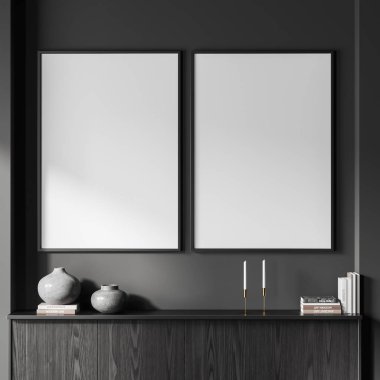 Karanlık oturma odasının içi ahşap şifoniyerle ve şık sanat dekorasyonu kitaplarla, minimalist İskandinav tasarımlarıyla dolu. Sıraya dizilmiş iki tane tuval posteri. 3B görüntüleme
