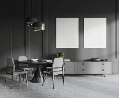 Karanlık oturma odasının içinde yemek masası ve koltuklar gri çekmeceler ve minimalist sanat süslemeleri var. Sıraya dizilmiş iki tane tuval posteri. 3B görüntüleme