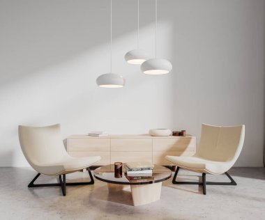 Beyaz duvarları, beton zemini, yuvarlak sehpanın yanında duran iki rahat beyaz koltuğu ve açık ahşap şifoniyeri olan modern oturma odasının içi. 3d oluşturma