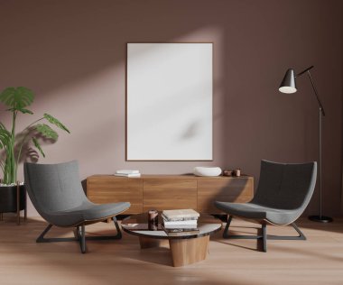 Şık oturma odasının içinde bej duvarlar, ahşap zemin, yuvarlak sehpanın yanında duran iki rahat gri koltuk ve ahşap şifonyer. Dikey maket posteri. 3d oluşturma