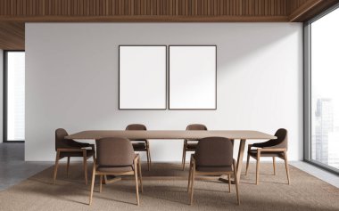 Beyaz ve ahşap duvarları olan modern yemek odasının içi, beton zemin, kahverengi sandalyeli uzun masa ve iki dikey maket afişi. 3d oluşturma