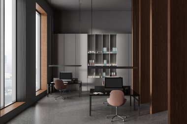 Koltukları ve bilgisayarları olan şık bir ofis masası, dokümanlarla dolu raflar ve uzun ahşap bölmeler. Panoramik pencereyle birlikte çalışma alanı. 3B görüntüleme