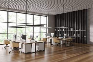 Beyaz ve beyaz tuğlalı duvarları, tahta zemini, sarı sandalyeli bilgisayar masaları ve tropikal manzaralı panoramik pencereli şık bir açık uzay ofisinin köşesi. 3d oluşturma