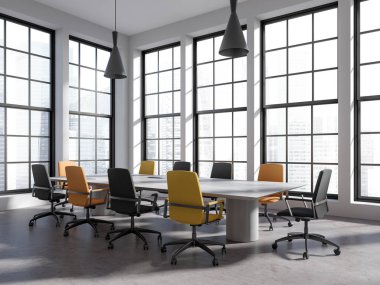 Beyaz ofis içi koltuklar ve toplantı masası, yan görüş gri beton zemin. Gökdelenlerde panoramik penceresi olan ofis konferans köşesi. 3B görüntüleme