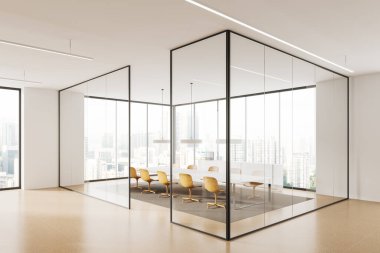 Beyaz ve cam duvarlı modern ofis toplantı odasının köşesi, beton zemin, sarı sandalyeli uzun toplantı masası ve şehir manzaralı pencereler. Şehir geçmişi. 3d oluşturma
