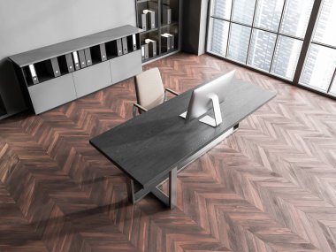 Gri duvarları, ahşap zemini, koyu tahta bilgisayar masası ve klasörlü dolabı olan şık CEO ofisi. Bulanık şehir manzaralı bir pencere. 3d oluşturma