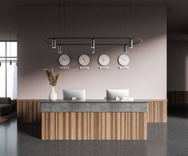 İçinde bej duvarlar, beton zemin, gri ve ahşap resepsiyon masası olan dünya başkentlerinde zamanı gösteren bilgisayar ve saatleri olan şık bir ofis. 3d oluşturma