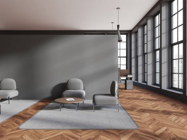 Gri duvarları, ahşap zemini, sehpaların yanında duran rahat gri koltukları ve gri taklit duvarları olan şık ofis bekleme odasının içi. 3d oluşturma