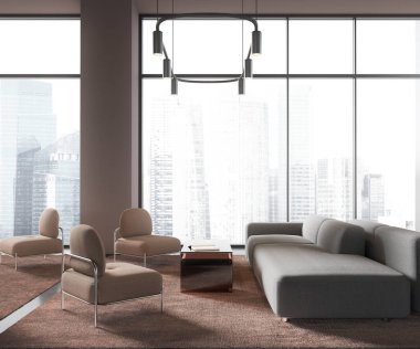 Bej duvarları, beton zemini, rahat koltukları ve cam masanın yanında duran koltuğu olan şık ofis bekleme odasının içinde. Şehir manzaralı panoramik pencereler. 3d oluşturma