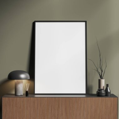 Üzerinde yeşil duvarlar, ahşap şifonyer ve dikey poster çerçevesi olan modern oturma odasının içi. 3d oluşturma