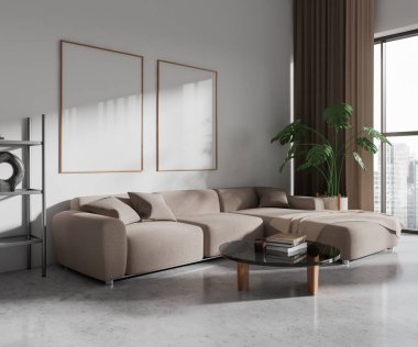 Beyaz oturma odasının içi kanepeli, yan manzaralı cam sehpası ve gri beton zeminli dekorasyonu var. Panoramik pencere ve iki tane tuval posterleri. 3B görüntüleme