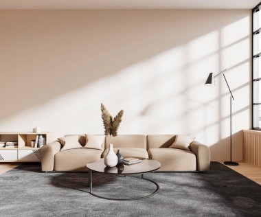 Kanepe ve dekorasyonlu kahve masası ve ahşap döşemeli halı ile bej rahatlatıcı iç mekan. Boş duvarı ve pencerenin gölgesini kopyala. 3B görüntüleme