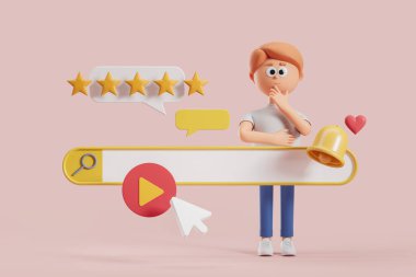 Kızıl saçlı düşünceli bir adam bej arka planda büyük bir internet arama barının yanında duruyor. İnternet sörfü kavramı. 3d oluşturma