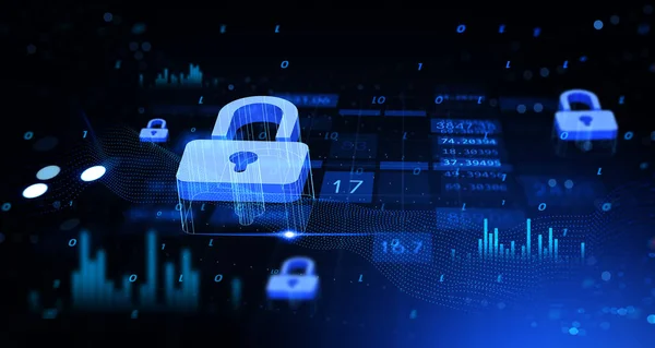 Glowing padlock icon hud with digital statistics and binary. Blockchain and cybersecurity in digital world, technology and internet privacy. 3D rendering