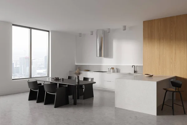 Corner Stylish Kitchen White Wooden Walls White Cabinets Dining Table — Stock Photo, Image