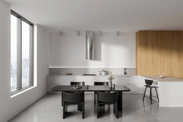白色的家庭厨房内部与烹饪和就餐区 酒吧岛屿与椅子 现代就餐区设计 灰色混凝土地板 摩天大楼上的全景窗户 3D渲染 — 图库照片