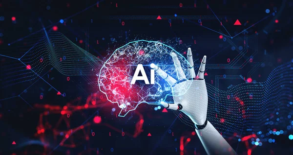 Vit Och Svart Robot Hand Med Hjälp Uppslukande Artificiell Intelligens — Stockfoto