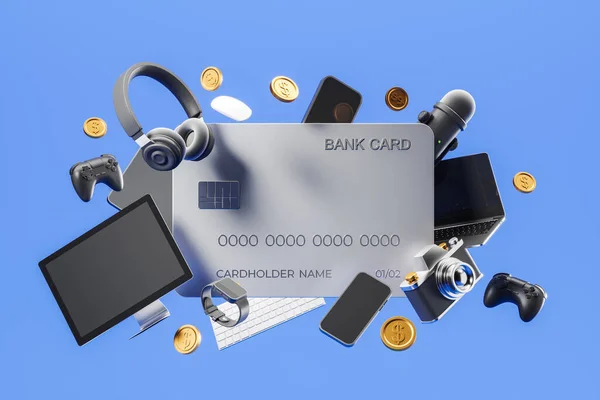 Silberne Bankkreditkarte Und Diverse Moderne Geräte Und Zubehör Blauer Hintergrund — Stockfoto