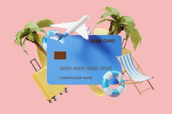 蓝色银行卡和粉色背景的不同旅行图标 手提箱 手掌和带橡皮圈的日光浴器 旅游概念和网上购票 3D渲染说明 — 图库照片