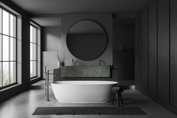 带有灰暗木墙 混凝土地面 舒适的白色浴缸和带有圆形镜子的石制双水池的时尚浴室的内部 3D渲染 — 图库照片