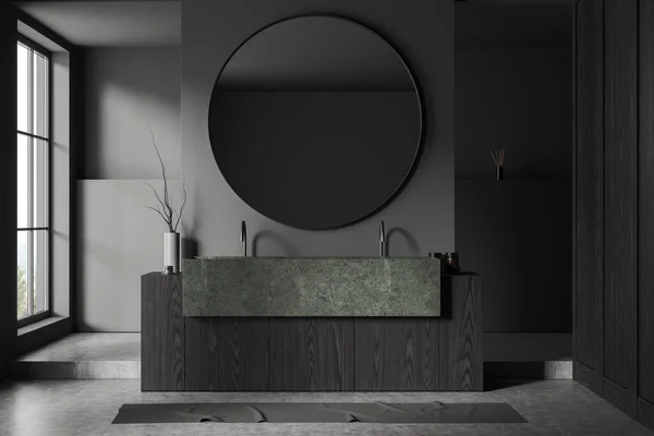 带有灰暗木墙 混凝土地板 石制双水池和圆形镜子的时尚浴室的内部 3D渲染 — 图库照片