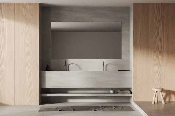 Interior Kamar Mandi Modern Dengan Batu Dan Dinding Kayu Lantai — Stok Foto