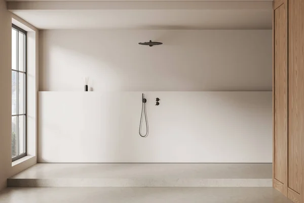 Interior Modern Bathroom White Wooden Walls Concrete Floor Comfortable Rain — Stock Photo, Image