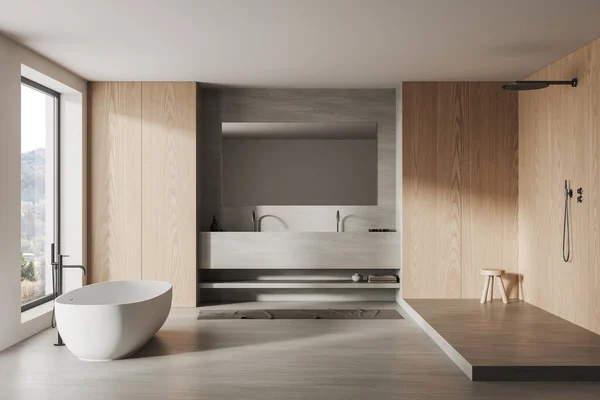 白と木製の壁 窓の近くに立つ快適なバスタブ 大きな鏡付きのダブルシンク シャワーで歩く現代的なバスルームのインテリア 3Dレンダリング — ストック写真