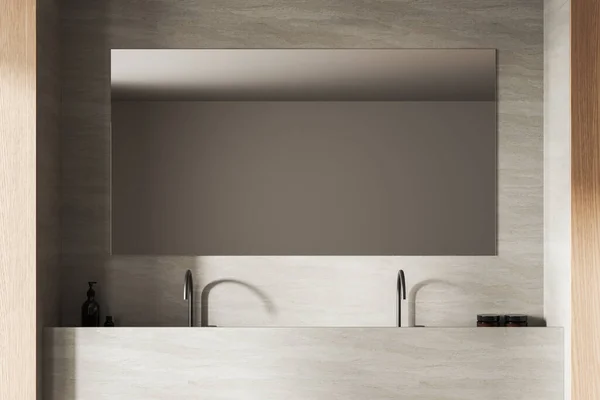 Minimalista Interior Baño Ligero Con Doble Lavabo Primer Plano Con — Foto de Stock