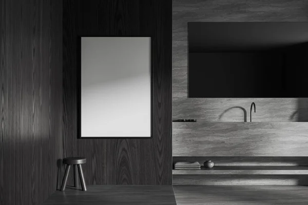 Tmavý Hotel Koupelna Interiér Umyvadlem Dlouhým Zrcadlem Příslušenství Stolička Rohu — Stock fotografie