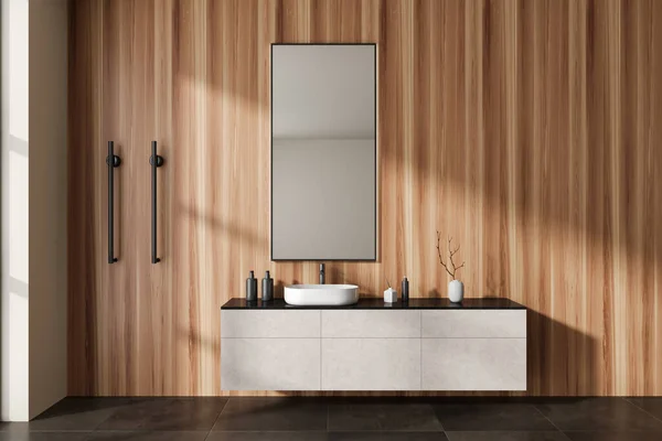 付属品 垂直加熱タオルレールと茶色のタイルコンクリート床とシンクとキャビネットと木製のバスルームのインテリア 現代の家庭で居心地の良い浴室のデザイン 3Dレンダリング — ストック写真