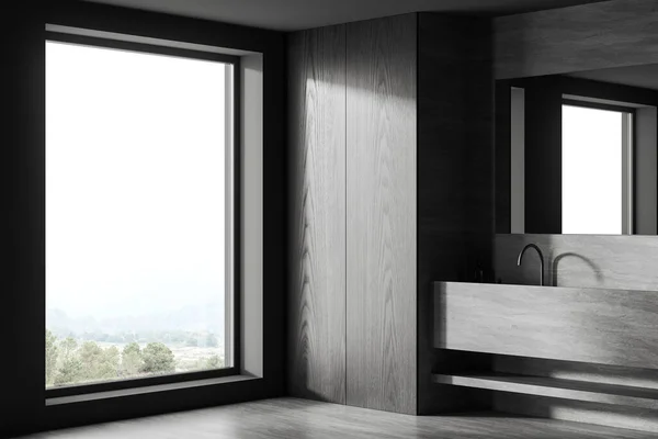 Interior Casa Banho Elegante Com Paredes Madeira Cinza Escura Piso — Fotografia de Stock