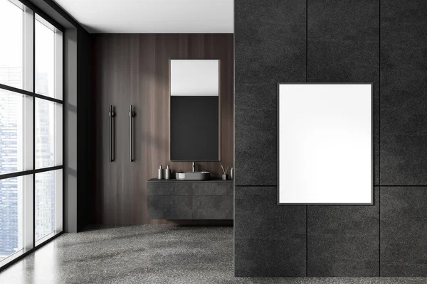 stock image Stylish home bathroom interior with sink, cabinet with accessories and grey concrete floor. Panoramic window on skyscrapers. Mock up canvas poster. 3D rendering