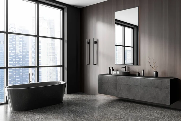 木制家庭浴室内部与浴缸和水槽 侧视图柜与最低限度的配件 灰色混凝土地板 摩天大楼上的全景窗户 3D渲染 — 图库照片