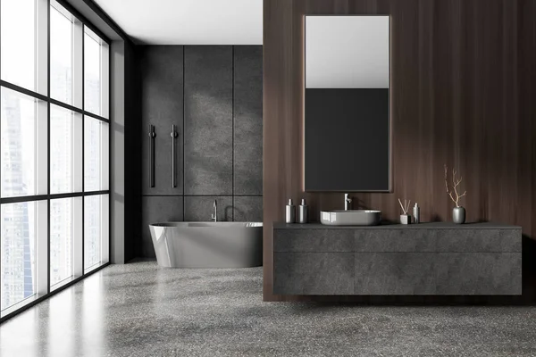 Interior Banheiro Moderno Com Paredes Madeira Cinza Escura Piso Pedra — Fotografia de Stock